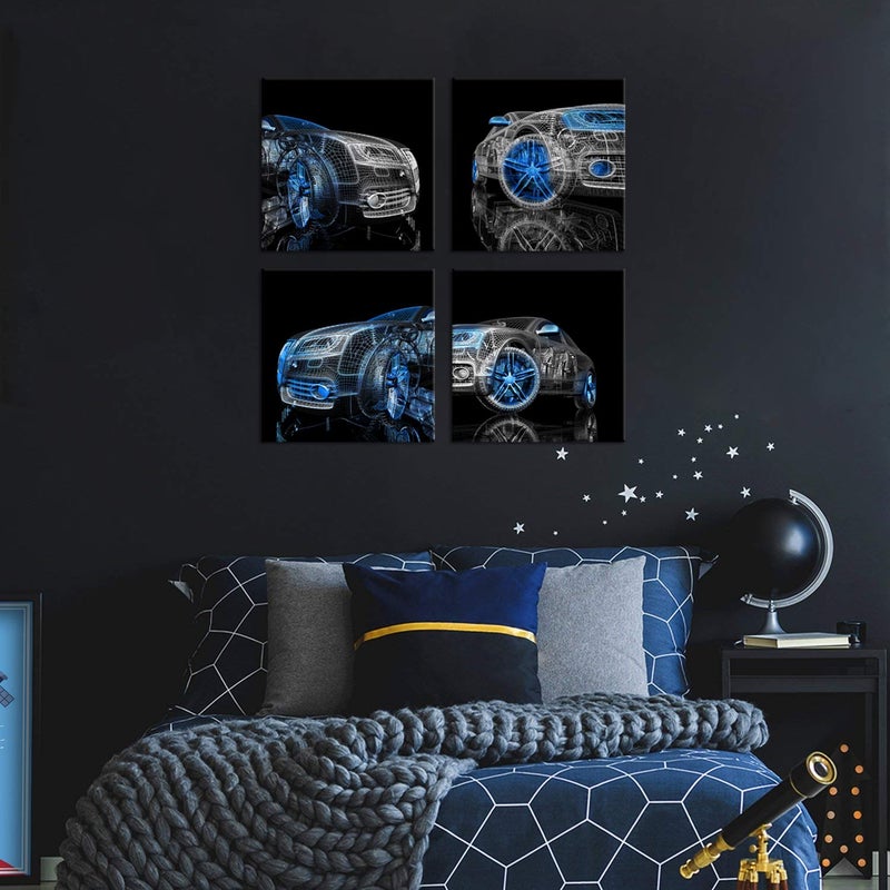 iHAPPYWALL 4 Pieces Modern Car Canvas Wall Art Black and Blue 3D Car Model Cool Picture Print for Bedroom Boys Room Home Decor Ready To Hang 12x12inchx4pcs - Image 5